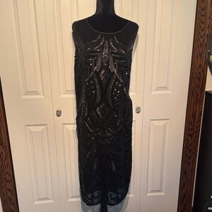 Adrianna Papell Black Beaded Midi Sheath Dress
